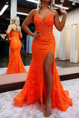 Mermaid Prom Dress Spaghetti Straps Sequined Lace Evening Dress