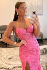 Mermaid Prom Dress Strapless Corset Lace Elegant Evening Dress with Split