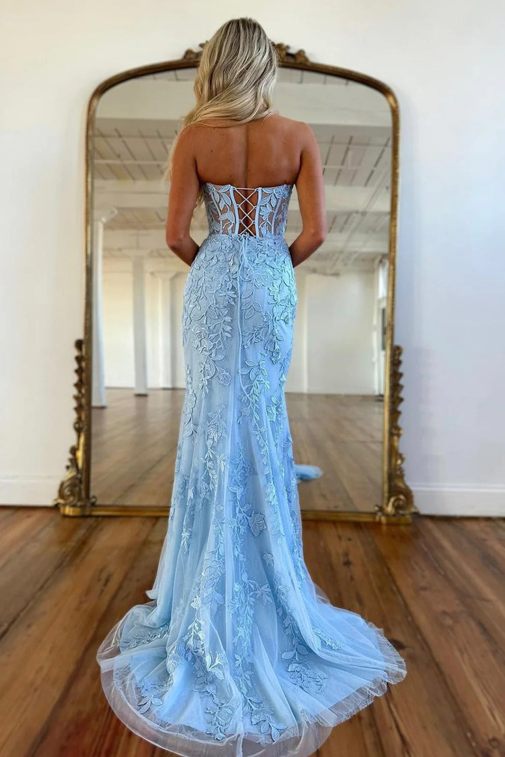 Mermaid Prom Dress Strapless Lace Elegant Evening Dress With Appliques