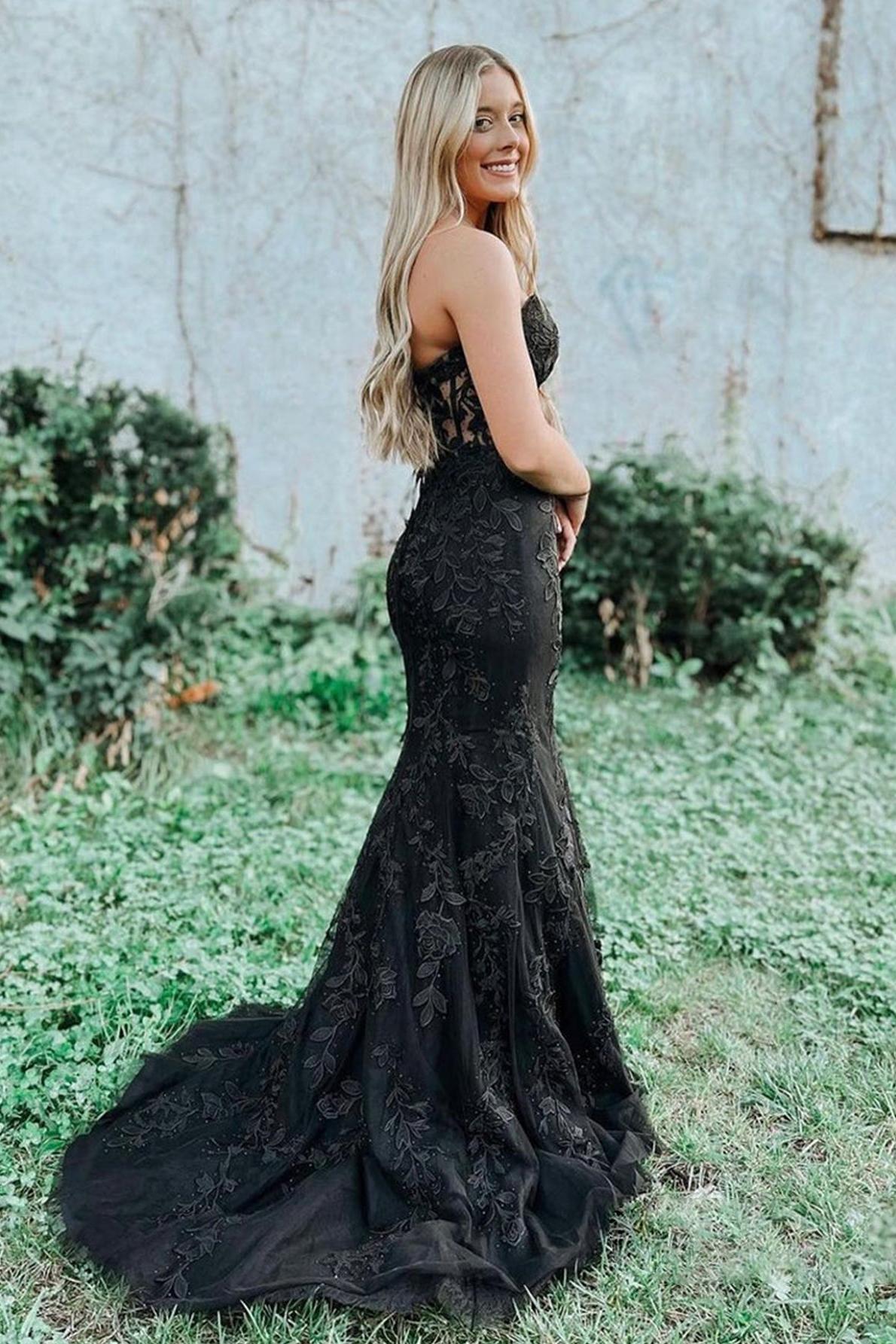 Mermaid Prom Dress Strapless Lace Elegant Evening Dress With Appliques