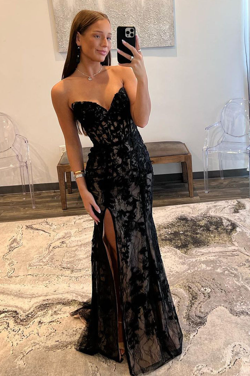 Mermaid Prom Dress Strapless Lace Elegant Evening Dress with Split
