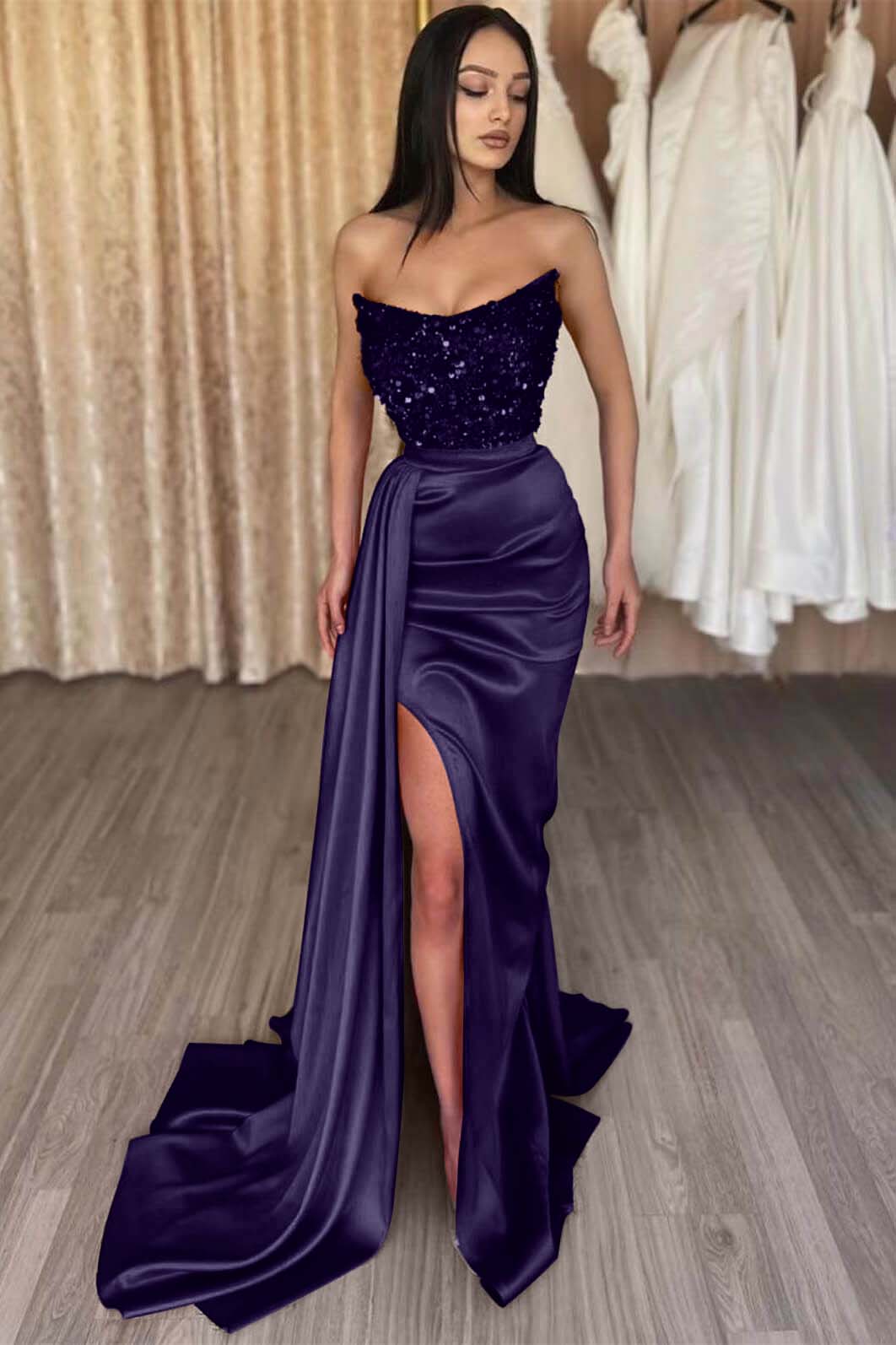 Mermaid Prom Dress Strapless Satin Formal Dress With Sequins