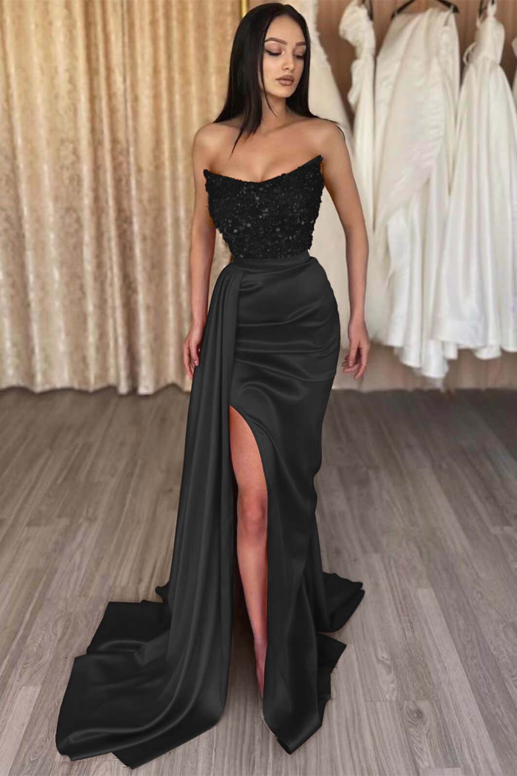 Mermaid Prom Dress Strapless Satin Formal Dress With Sequins