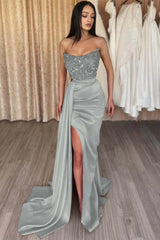 Mermaid Prom Dress Strapless Satin Formal Dress With Sequins