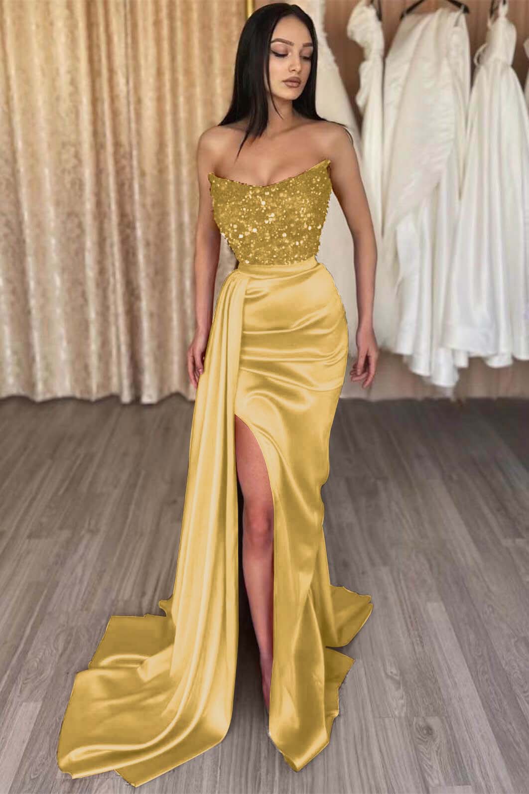 Mermaid Prom Dress Strapless Satin Formal Dress With Sequins