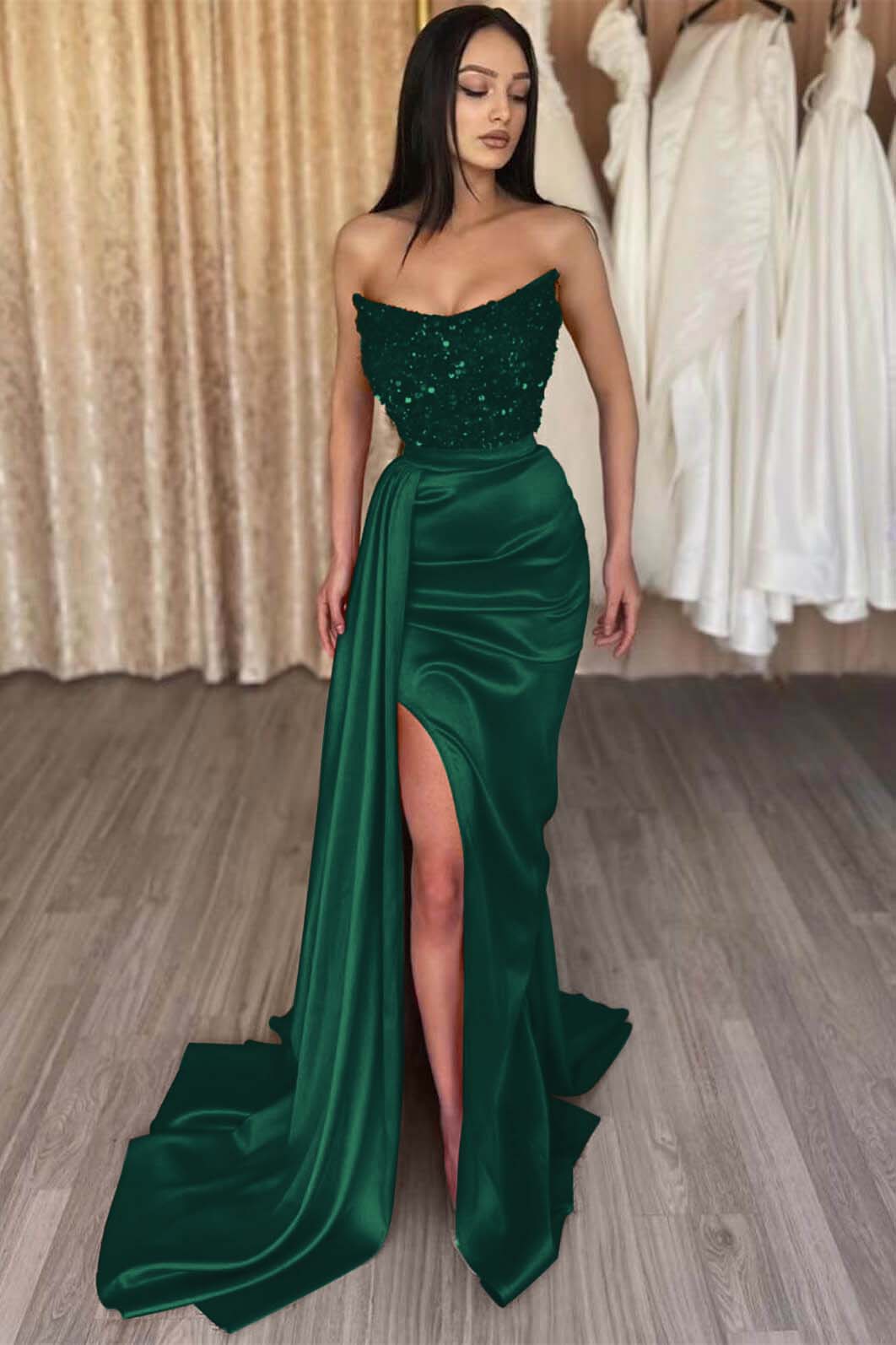 Mermaid Prom Dress Strapless Satin Formal Dress With Sequins
