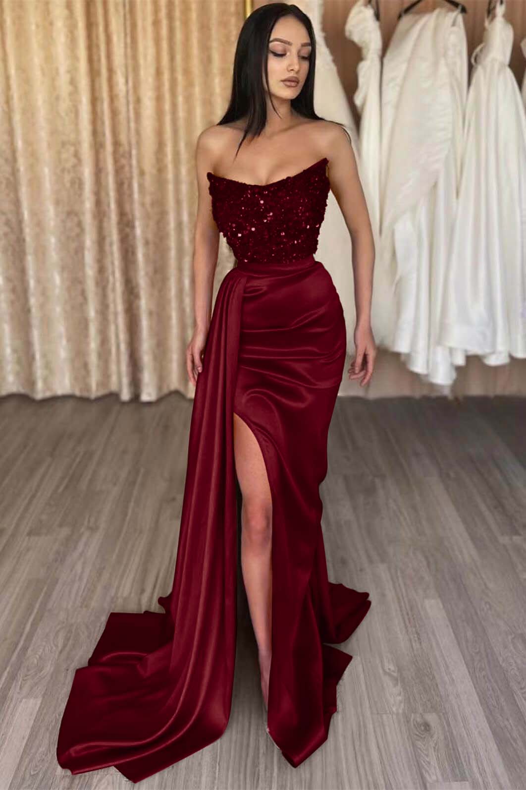 Mermaid Prom Dress Strapless Satin Formal Dress With Sequins