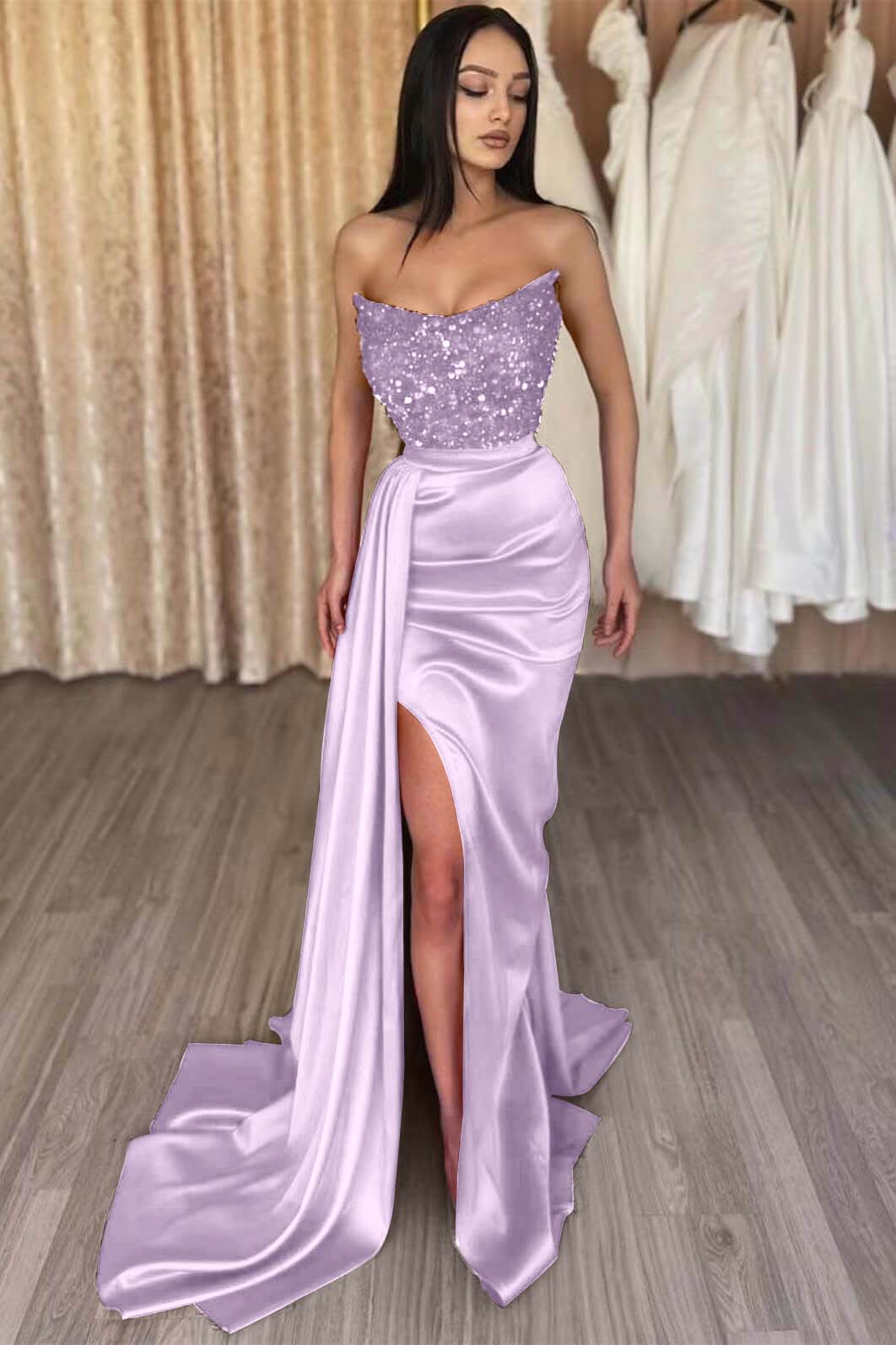 Mermaid Prom Dress Strapless Satin Formal Dress With Sequins