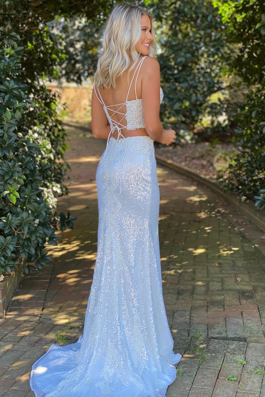 Mermaid Prom Dress Two Piece V Neck Sequin Shiny Evening Dress