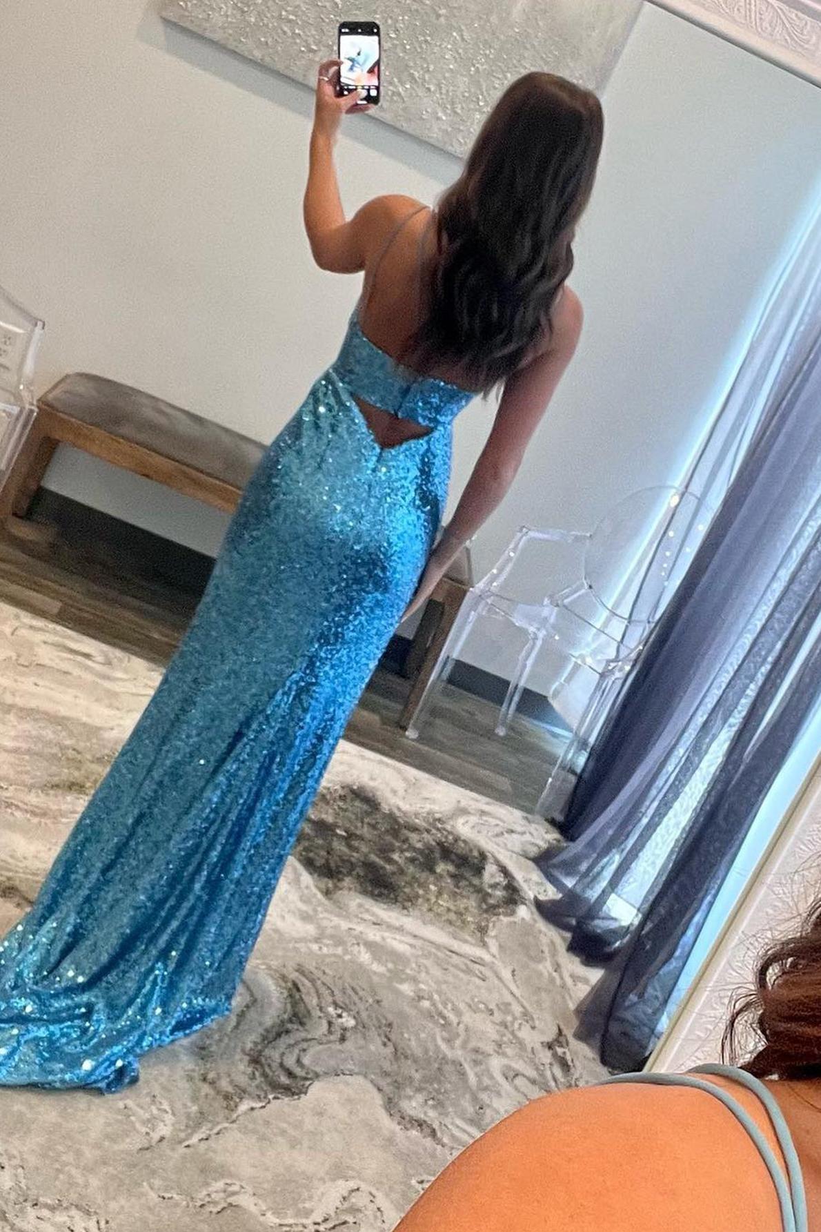 Mermaid Prom Dress V Neck Cutout Blue Long Evening Dress
