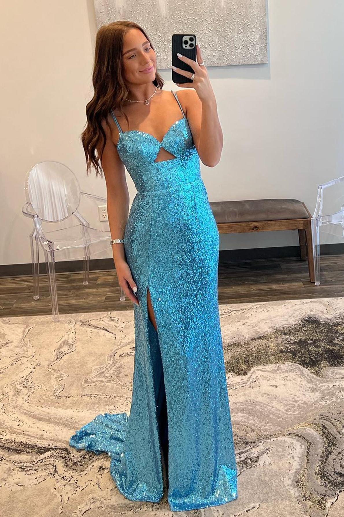 Mermaid Prom Dress V Neck Cutout Blue Long Evening Dress