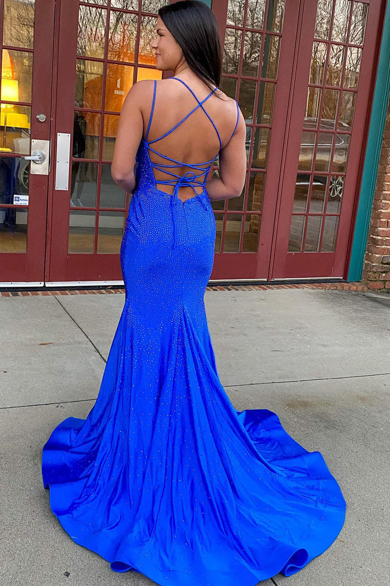 Mermaid Prom Dress V Neck Delicate Beaded Satin Long Evening Dress