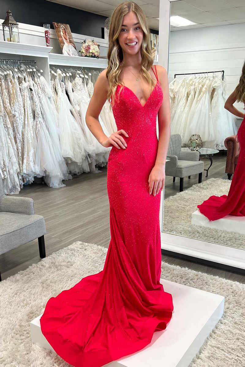 Mermaid Prom Dress V Neck Delicate Beaded Satin Long Evening Dress