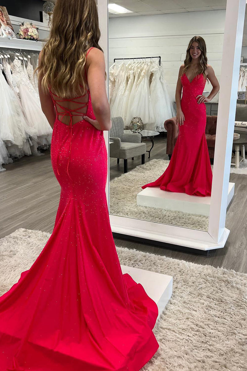 Mermaid Prom Dress V Neck Delicate Beaded Satin Long Evening Dress