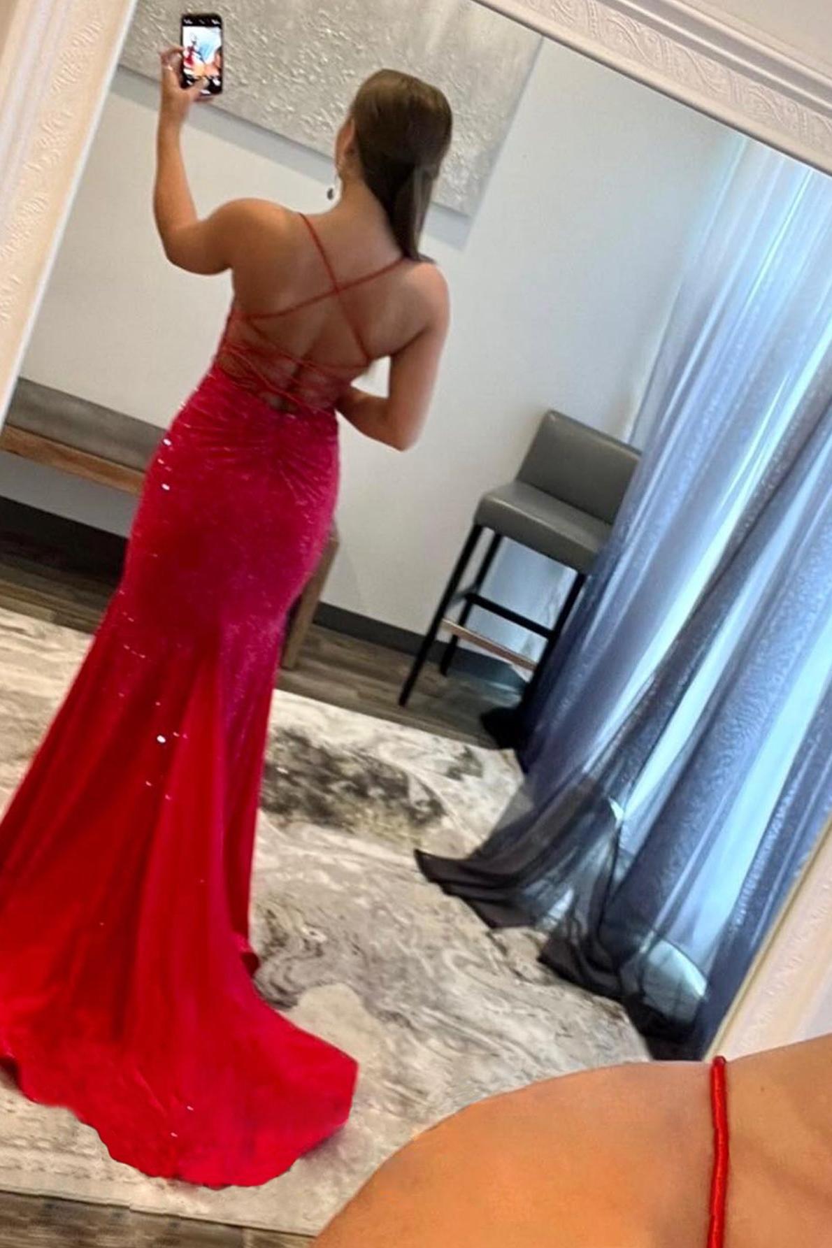 Mermaid Prom Dress V Neck Red Prom Dress Glitter Satin Evening Dress