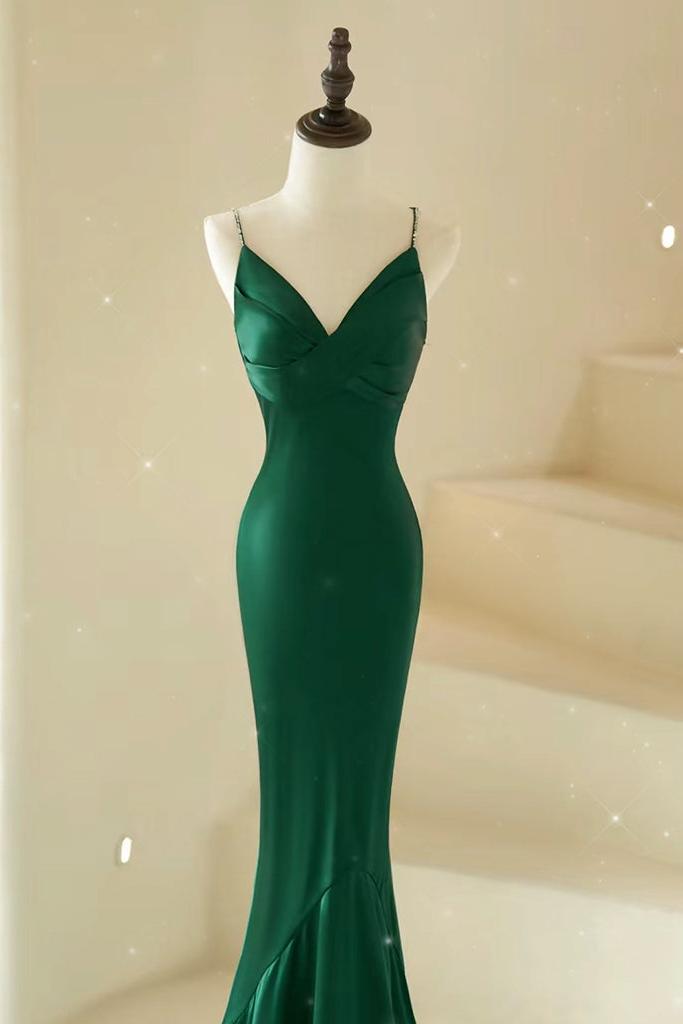 Mermaid Prom Dress V Neck Satin Green Prom Dress Long Formal Evening Dress