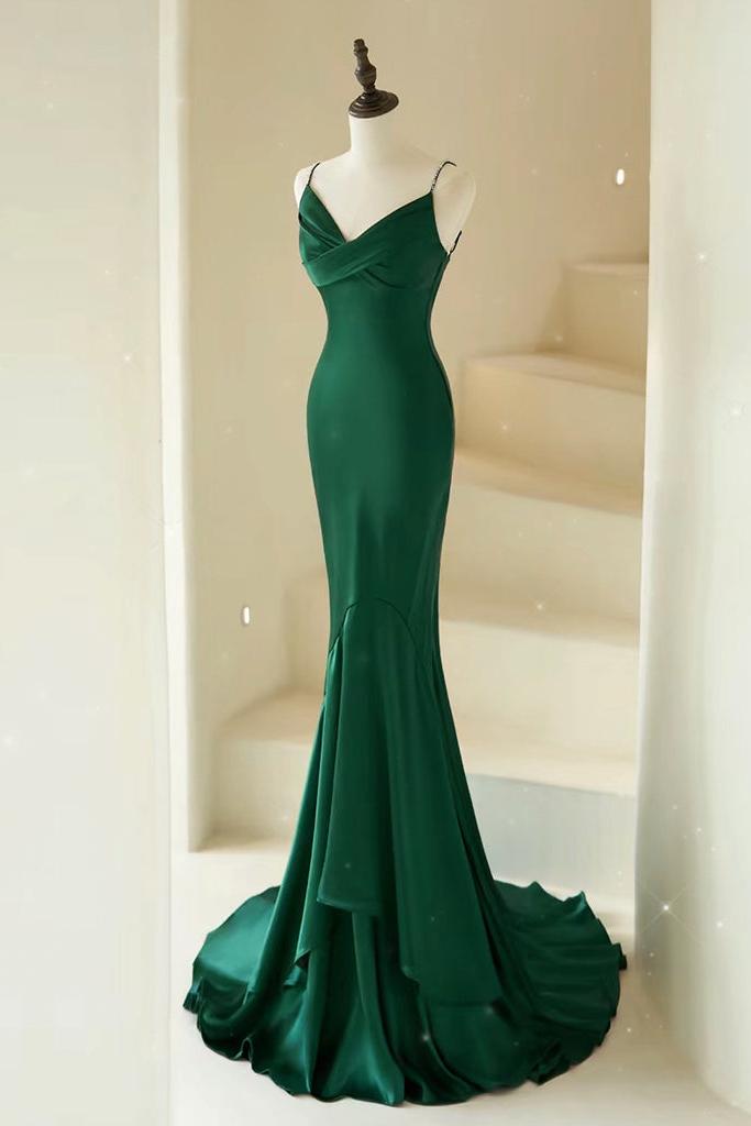 Mermaid Prom Dress V Neck Satin Green Prom Dress Long Formal Evening Dress