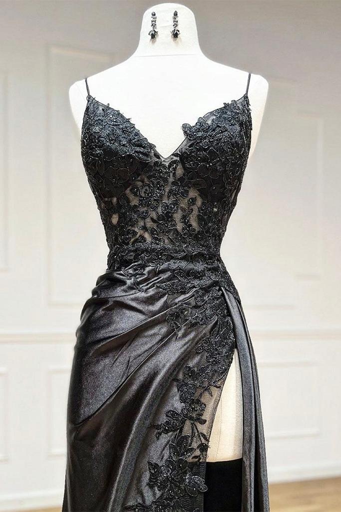 Mermaid Prom Dress V Neck Satin Lace Black Long Evening Gown Evening Dress