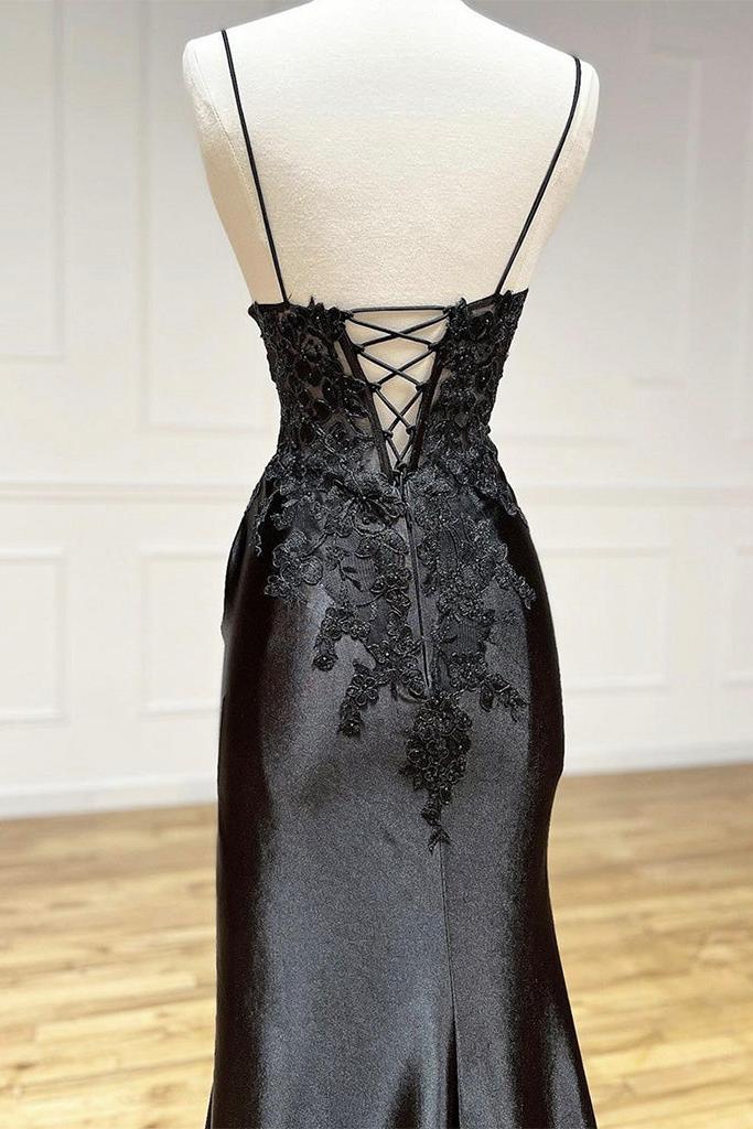 Mermaid Prom Dress V Neck Satin Lace Black Long Evening Gown Evening Dress