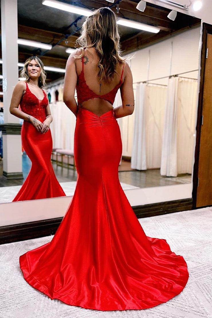 Mermaid Prom Dress V Neck Satin Long with Appliques Evening Dress