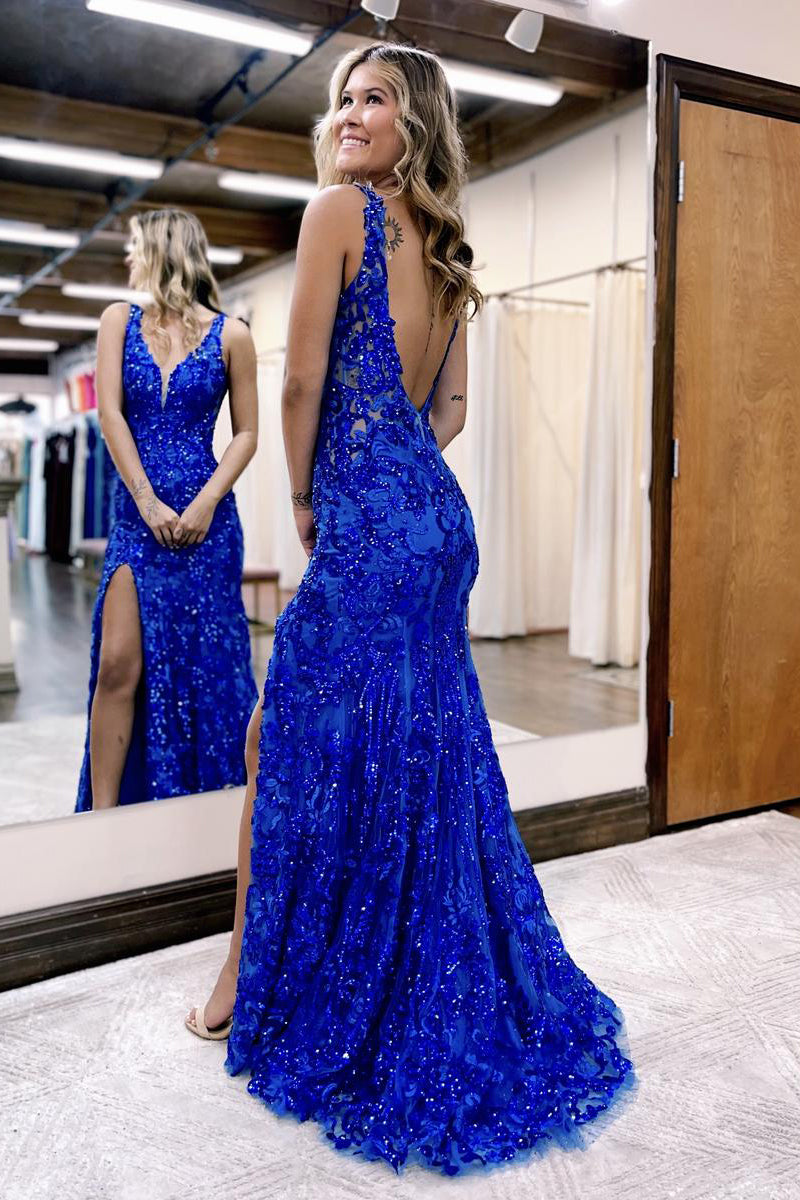 Mermaid Prom Dress V Neck Sequined Lace Elegant Evening Dress with Split