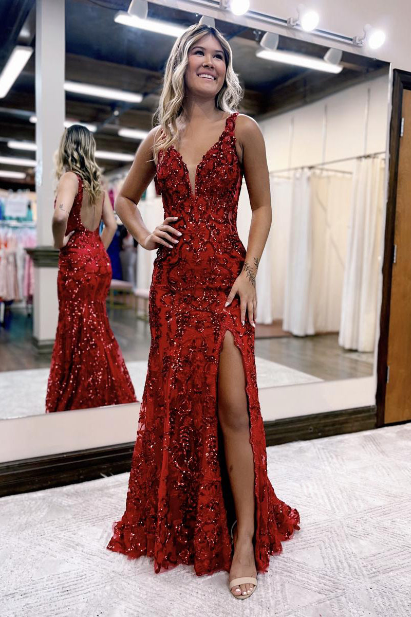 Mermaid Prom Dress V Neck Sequined Lace Elegant Evening Dress with Split