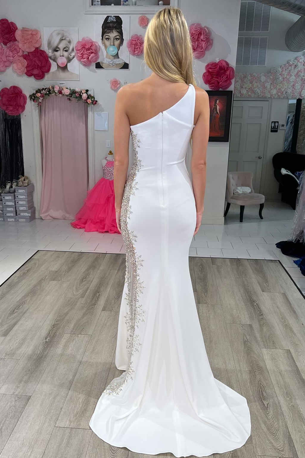 Mermaid Prom Dress White One Shoulder Beaded Long Evening Dress