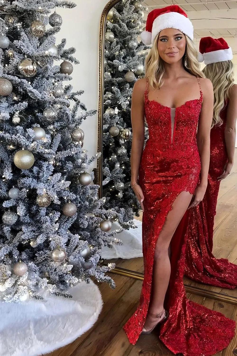 Mermaid Prom Dress With Spaghetti Straps Lace Up Back Corset Slit Formal Evening Gown