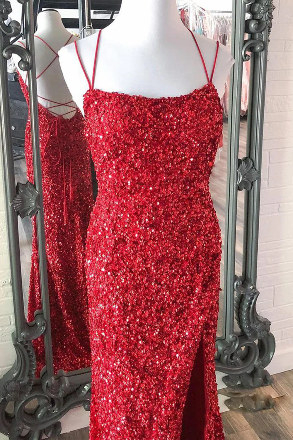 Mermaid Red Prom Dress Sequined Long Evening Dress with Slit