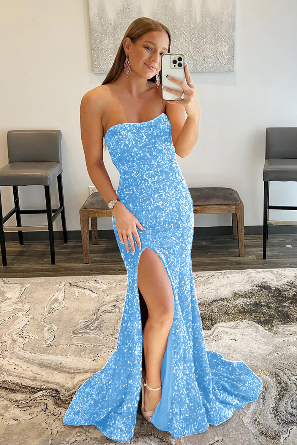 Mermaid Royal Blue Prom Dress Sequin Evening Dress With Slit
