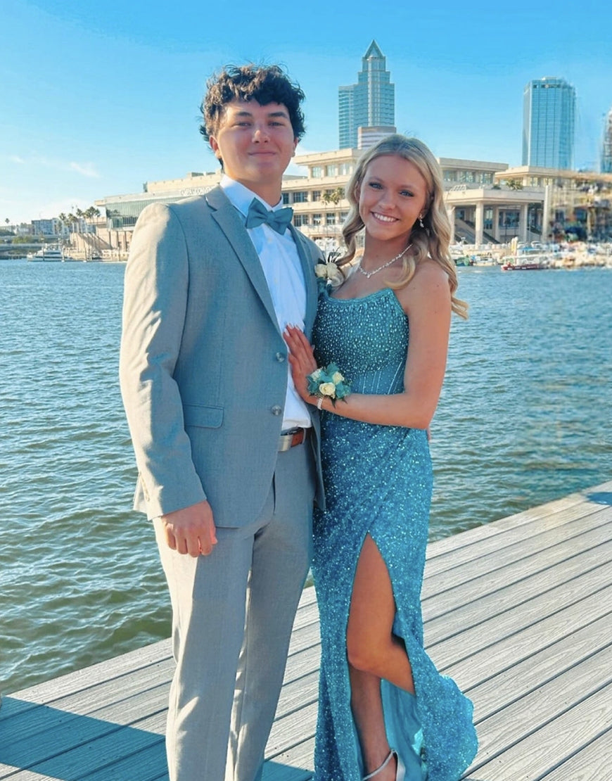 Mermaid Royal Blue Prom Dress Strapless Long Evening Dress With Slit