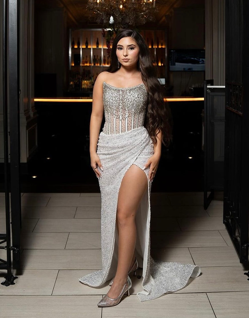 Mermaid Royal Blue Prom Dress Strapless Long Evening Dress With Slit