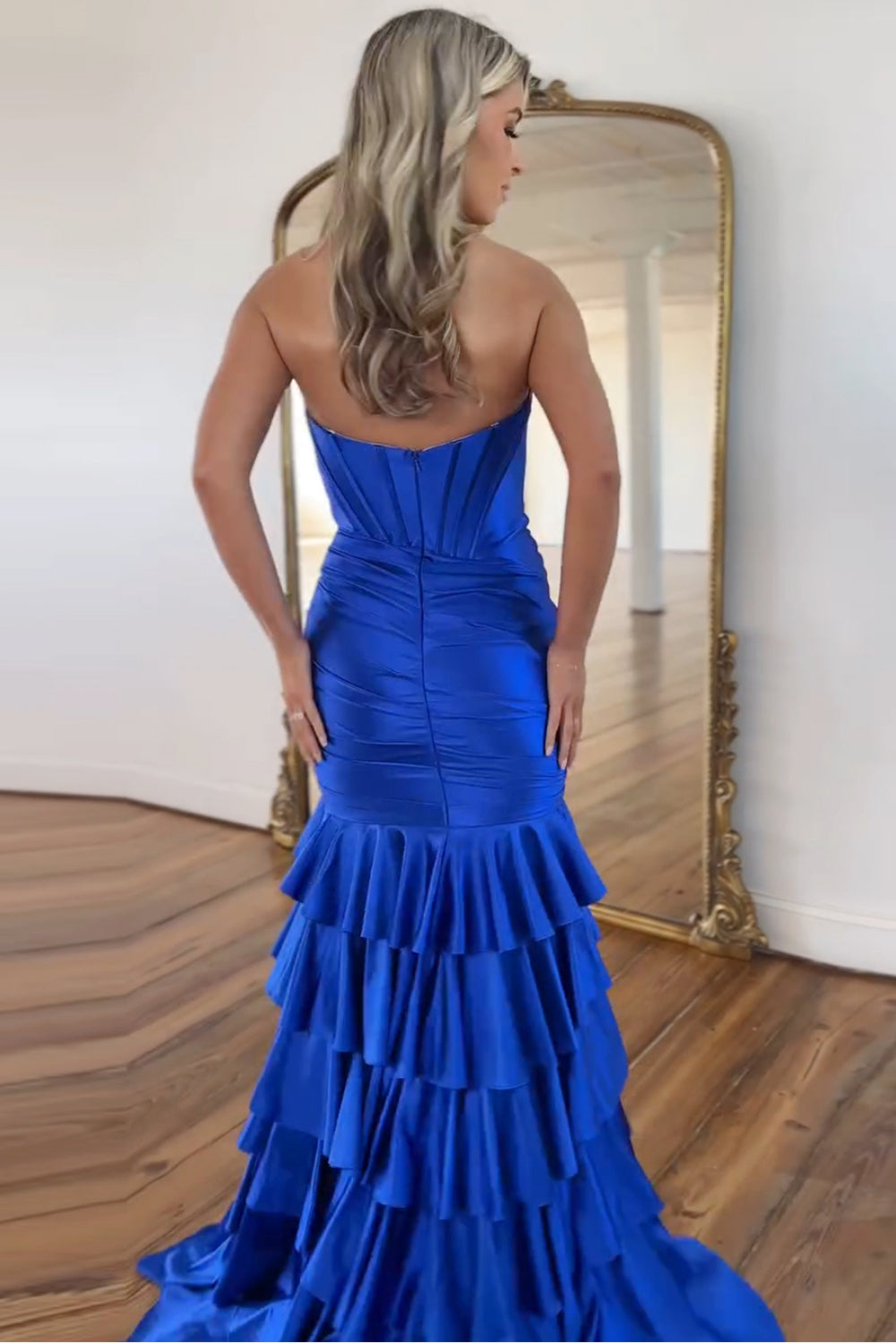 Mermaid Royal Blue Prom Dress Sweetheart Corset Ruffled Long Evening Dress with Slit
