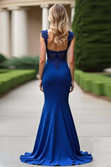 Mermaid Royal Blue Wedding Guest Dress V-Neck Long Formal Dress With Appliques