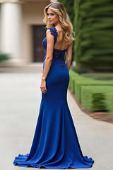 Mermaid Royal Blue Wedding Guest Dress V-Neck Long Formal Dress With Appliques