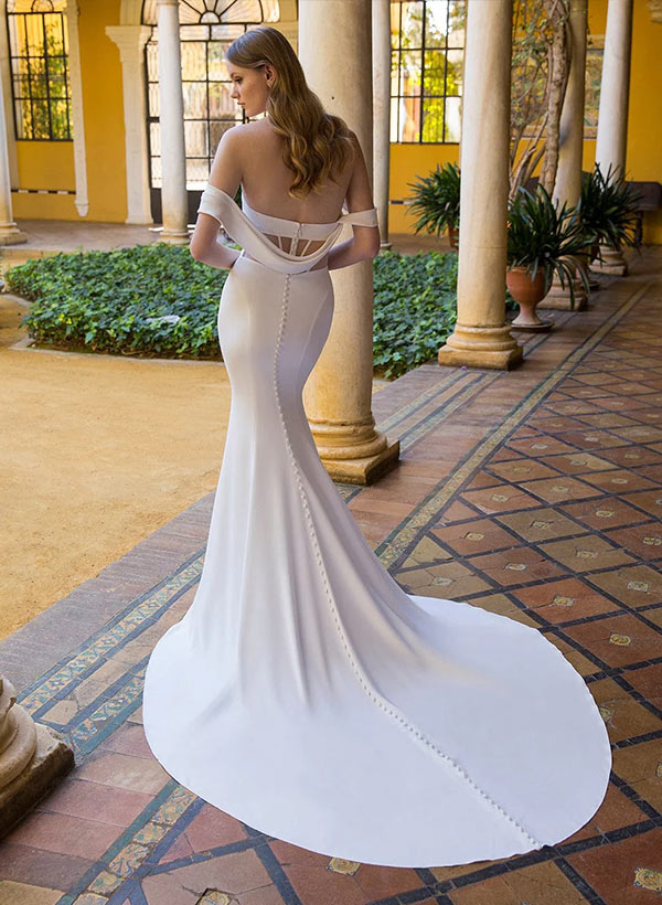 Mermaid Satin Wedding Dress Off the Shoulder Bridal Gown with Court Train