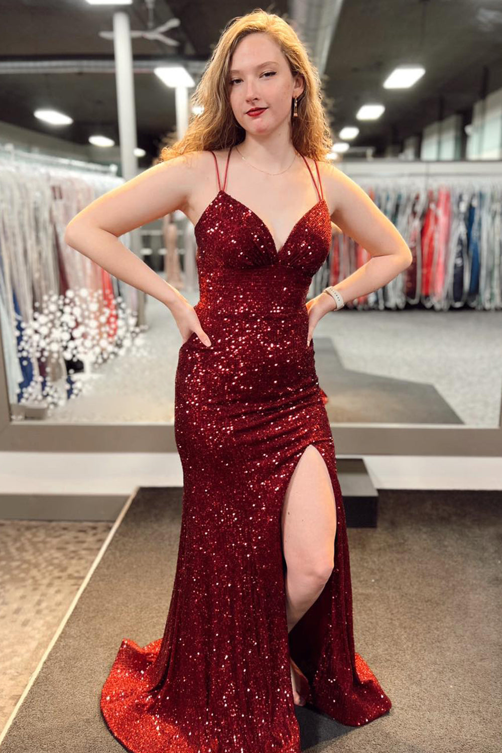 Mermaid Spaghetti Straps Orange Prom Dress Sequined Long Evening Dress with Split Front