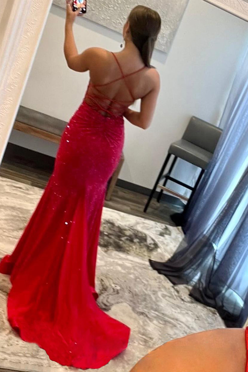 Mermaid Spaghetti Straps Red Prom Dress Long Evening Dress with Criss Cross Back