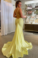 Mermaid Spaghetti Straps Yellow Prom Dress Sequined Long Evening Dress