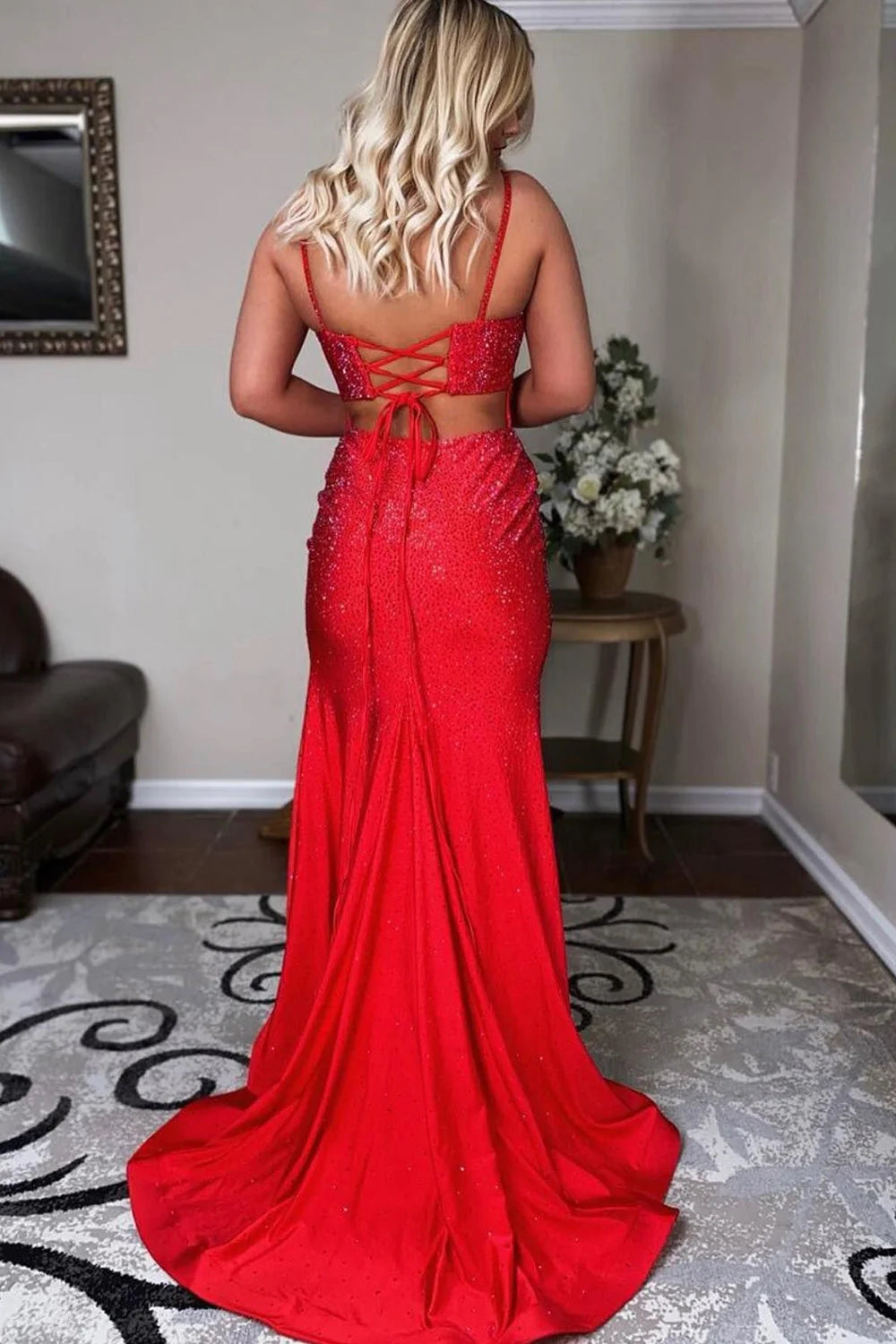 Mermaid Spaghettti Straps Red Prom Dress Sequined Long Evening Dress with Split Front