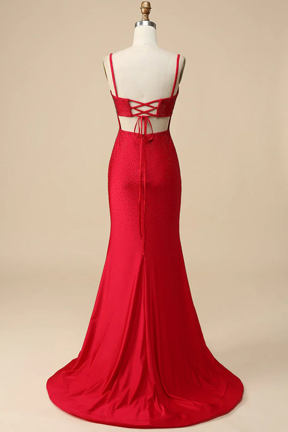 Mermaid Spaghettti Straps Red Prom Dress Sequined Long Evening Dress with Split Front