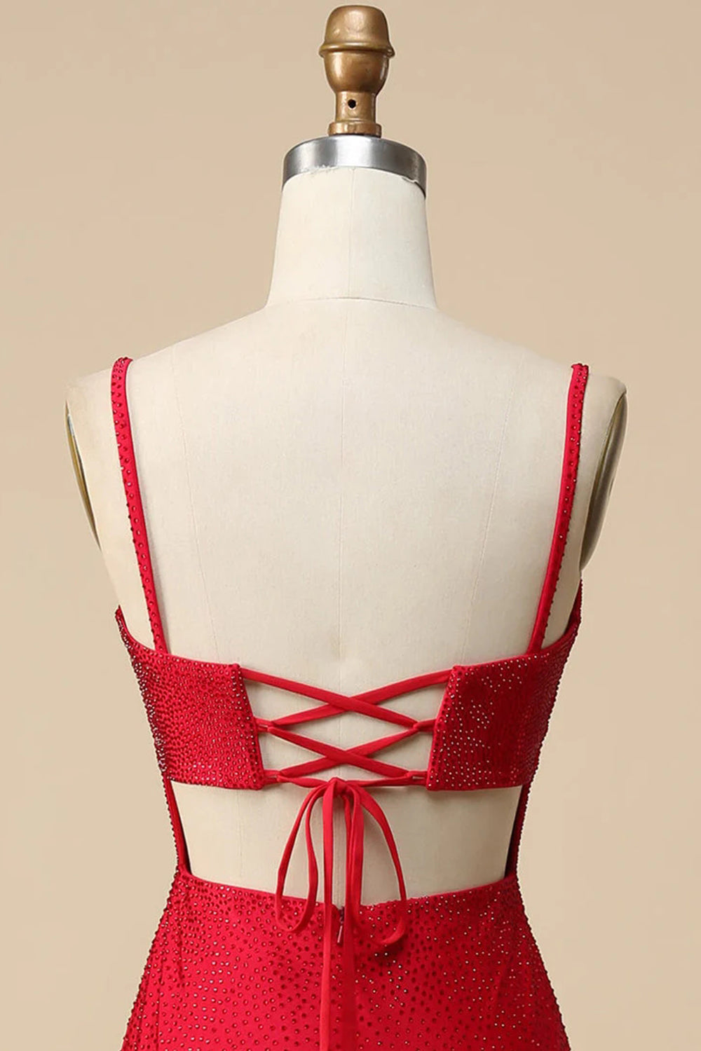 Mermaid Spaghettti Straps Red Prom Dress Sequined Long Evening Dress with Split Front