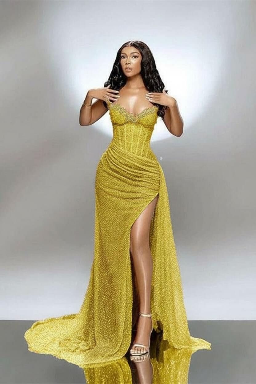 Mermaid Split Front Prom Dress Sweetheart Beaded Appliqued Evening Dress with Panel Train