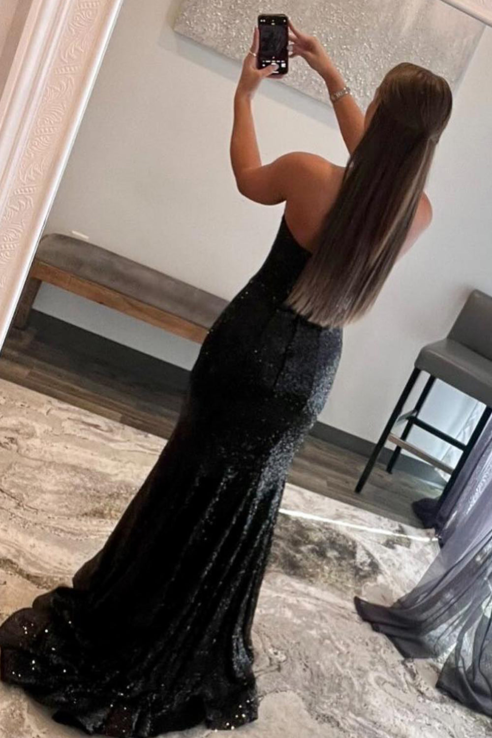 Mermaid Strapless Black Prom Dress Sequined Long Evening Dress with Feather