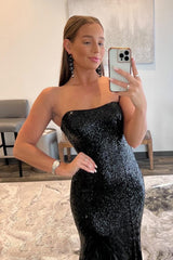Mermaid Strapless Black Prom Dress Sequined Long Evening Dress with Feather