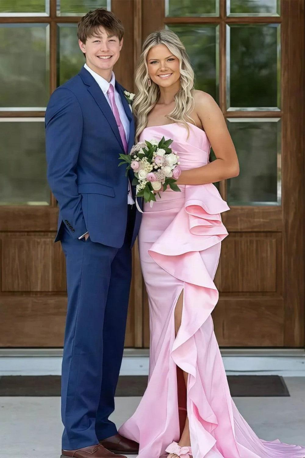 Mermaid Strapless Pink Long Prom Dress With Split Front Ruched Formal Evening Gown