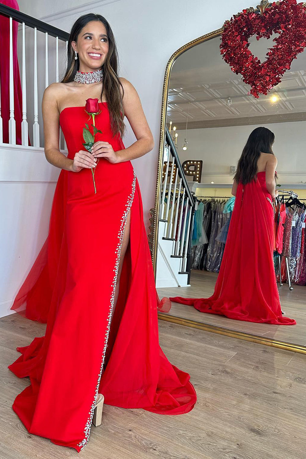 Mermaid Strapless Red Prom Dress Long Evening Dress with Slit