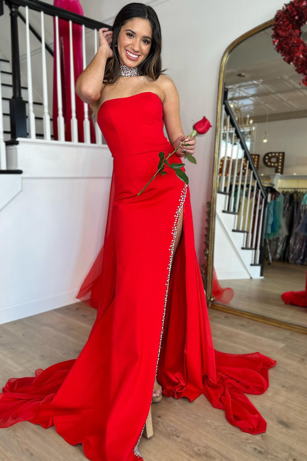 Mermaid Strapless Red Prom Dress Long Evening Dress with Slit