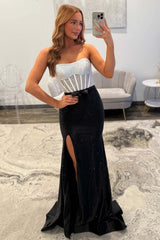 Dressystars Black & Silver Strapless Structured Corset Top Beading Prom Dress With High Slit Formal Evening Gown