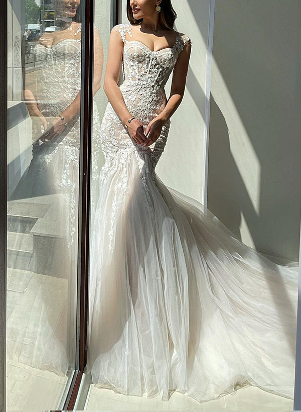 Mermaid Sweetheart Wedding Dress Sleeveless Lace Appliqued Bridal Gown